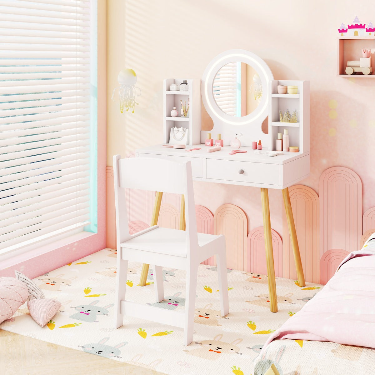 White Princess Vanity Set | 2-Color LED Mirror & Storage Chair