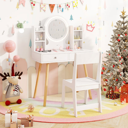 White Princess Vanity Set | 2-Color LED Mirror & Storage Chair