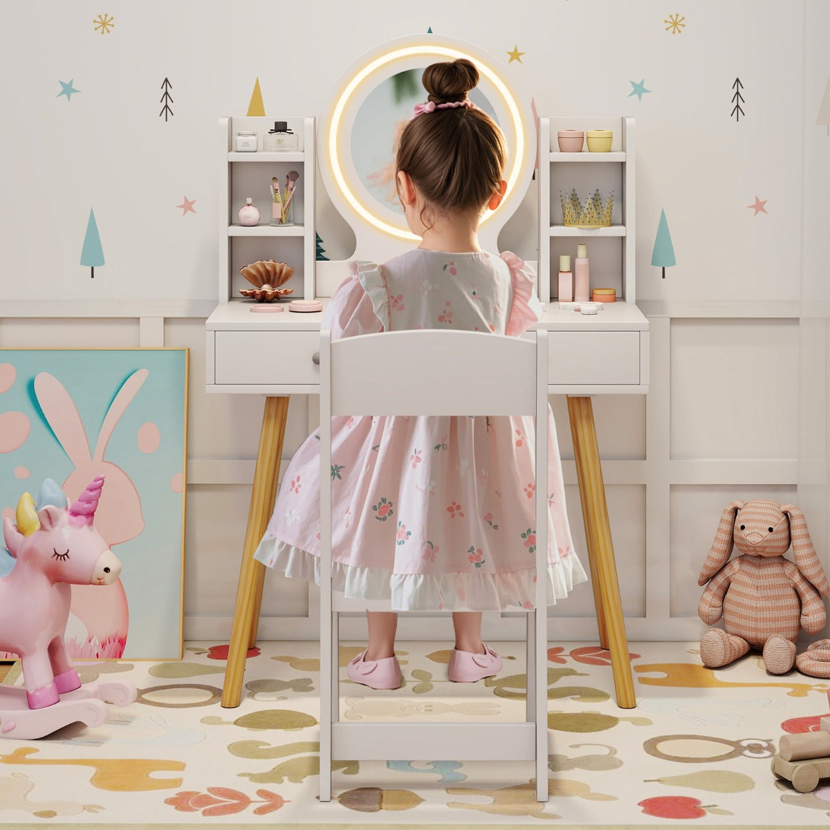 White Princess Vanity Set | 2-Color LED Mirror & Storage Chair