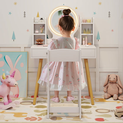 White Princess Vanity Set | 2-Color LED Mirror & Storage Chair