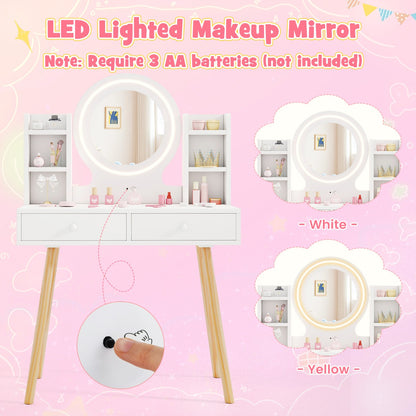 White Princess Vanity Set | 2-Color LED Mirror & Storage Chair