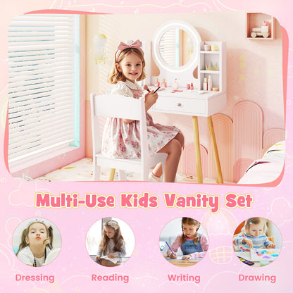 White Princess Vanity Set | 2-Color LED Mirror & Storage Chair