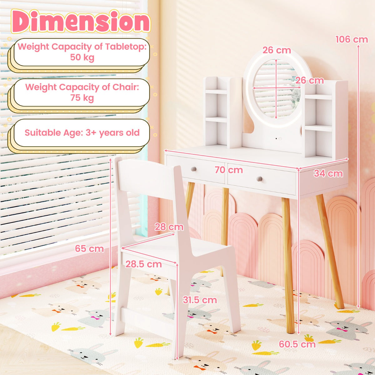 White Princess Vanity Set | 2-Color LED Mirror & Storage Chair