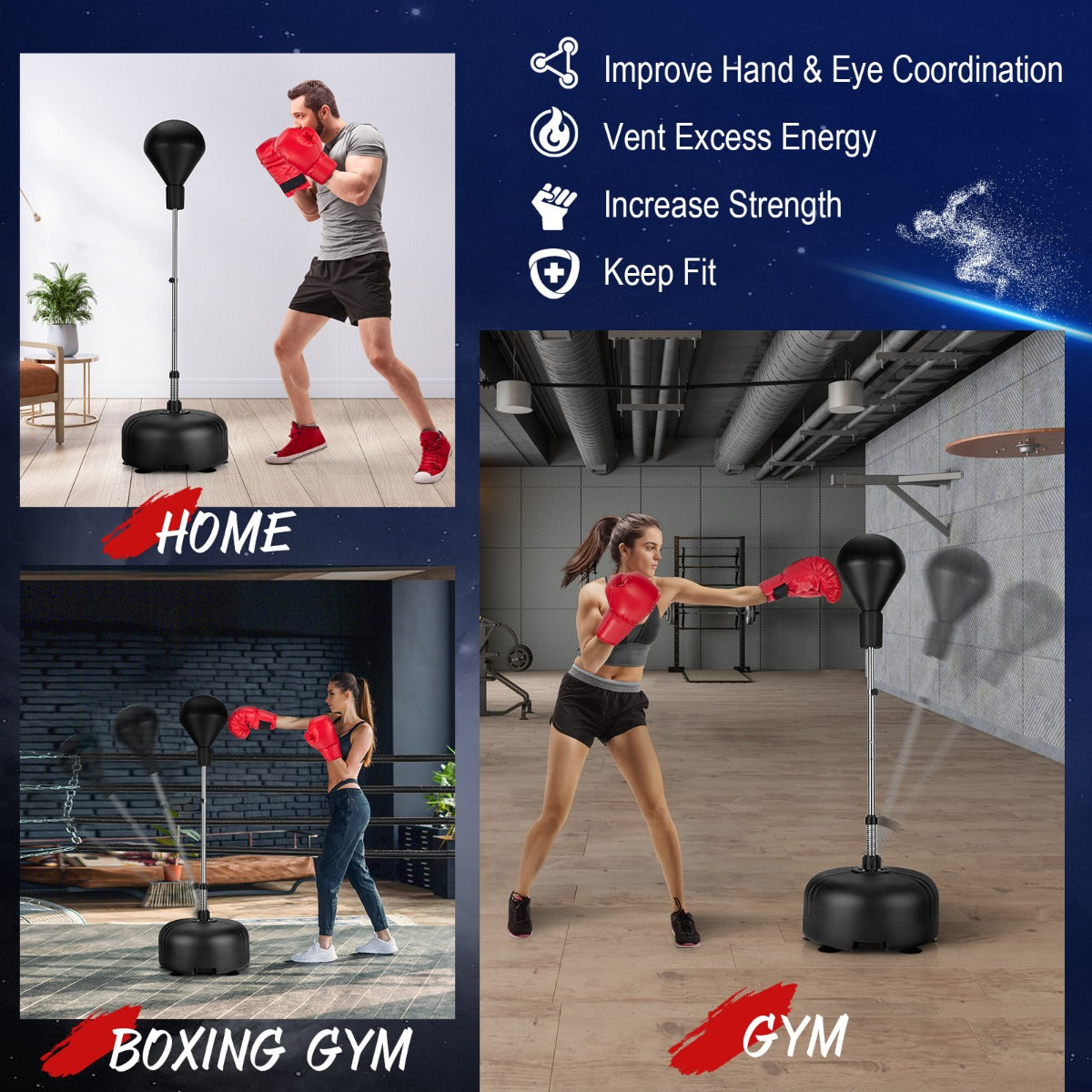 Black Adjustable Height Punching Bag Stand | 4 Position Family