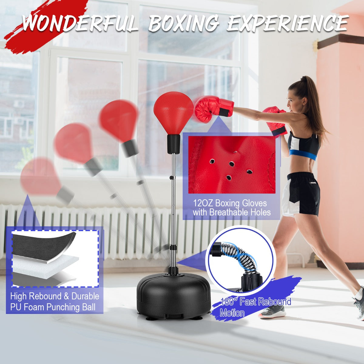 4 Height Adjustable Red Punching Bag | Freestanding Boxing Set