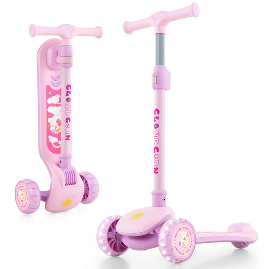 Kids 3-wheel scooter with adjustable height and light-up wheels for fun outdoor play.