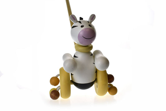 Wooden push along zebra toy for kids imaginative play, promoting active movement and fun.