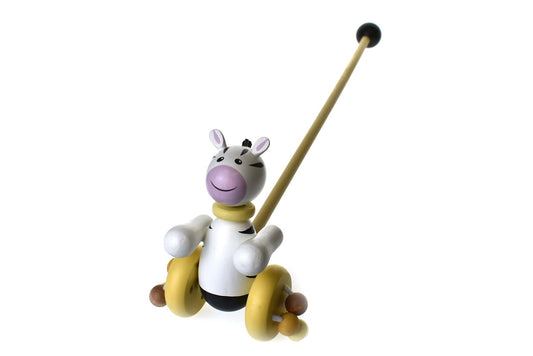 Push along zebra toy for toddlers, promoting interactive play and gross motor skills.