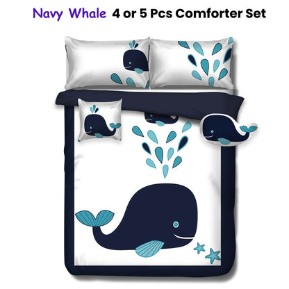 Navy whale themed 4 pcs comforter set for kids adventurous bedroom decor