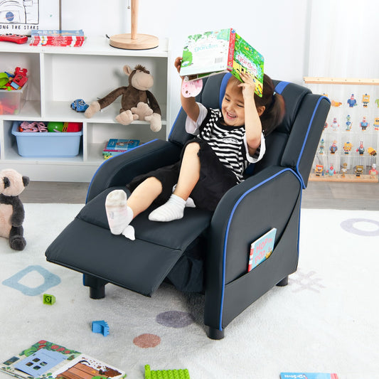 Kids recliner chair with adjustable backrest and footrest, featuring comfortable PU leather design.