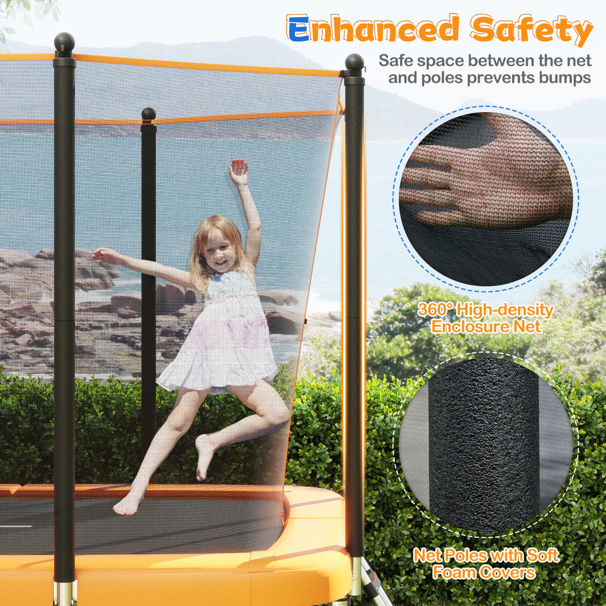 Orange Rectangle Trampoline 10x8ft | Basketball Hoop & Goals