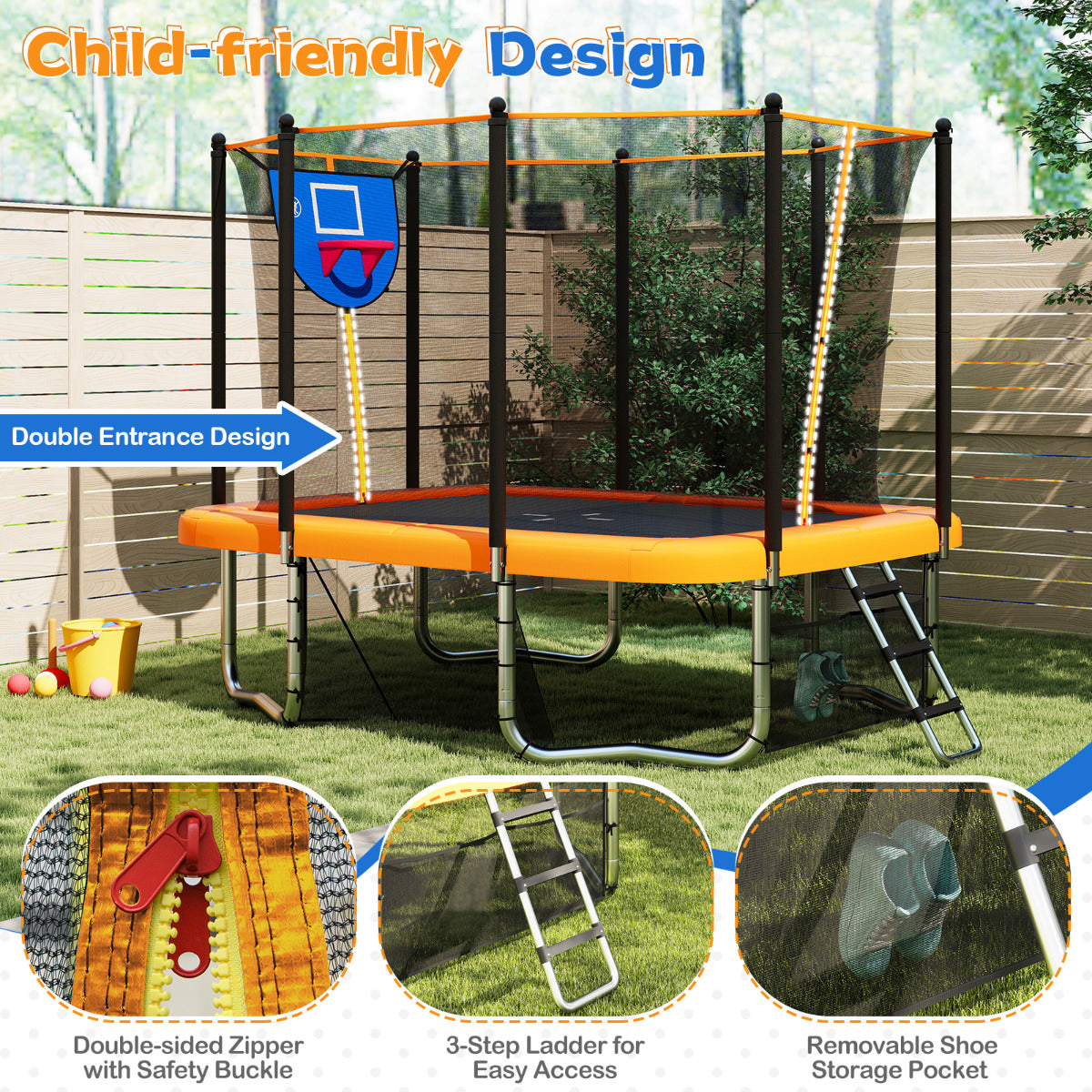 Orange Rectangle Trampoline 10x8ft | Basketball Hoop & Goals