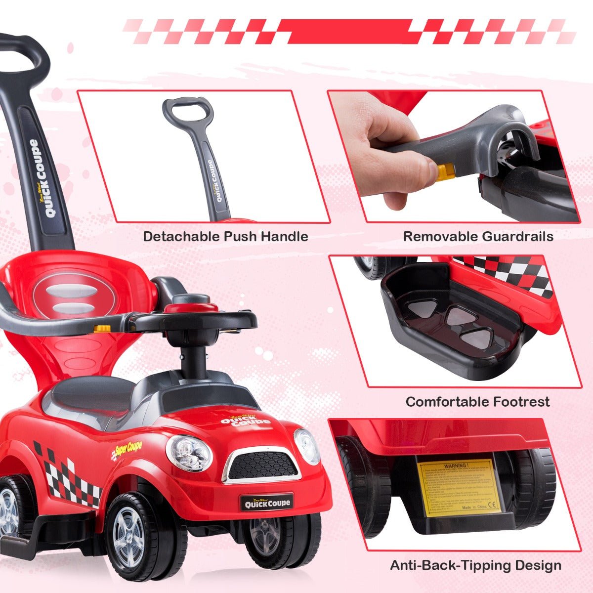 Red 3-in-1 Toddler Ride-On with Safety Features ideal for play indoors and outdoors.