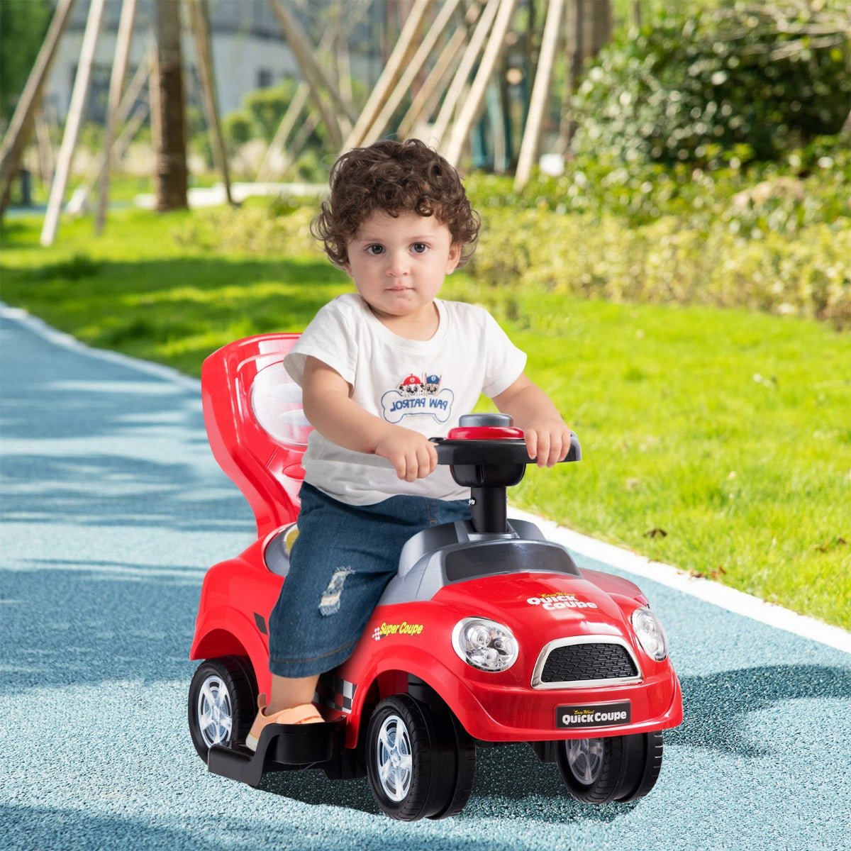 Red toddler ride-on car with safety features for indoor/outdoor playtime adventures.