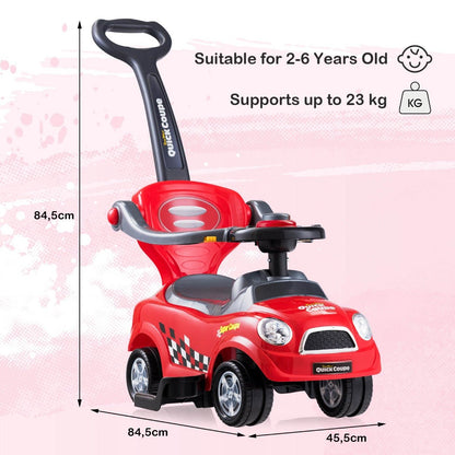 Red 3-in-1 toddler ride-on push car with safety features for fun indoor play.