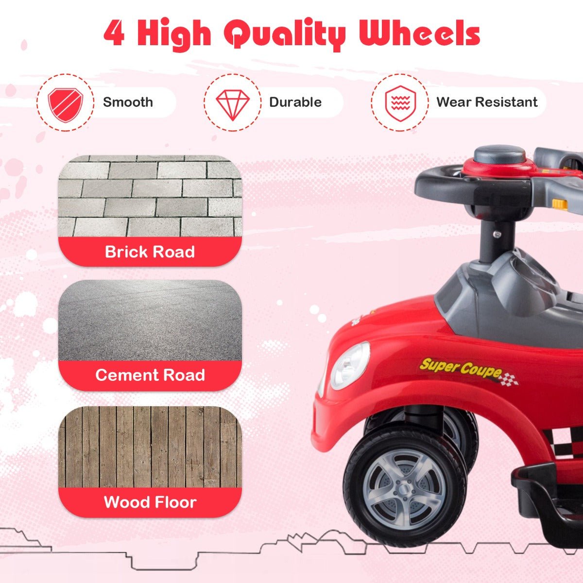 Red 3-in-1 Toddler Ride-On Push Car with Safety Features for fun indoor play.