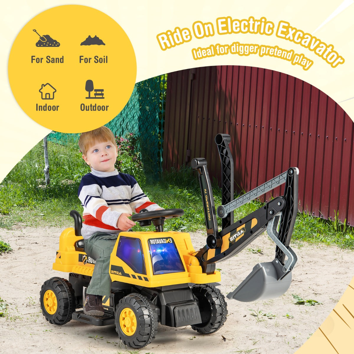 Yellow Ride On Excavator | LED Lights Music & 30° Rotation