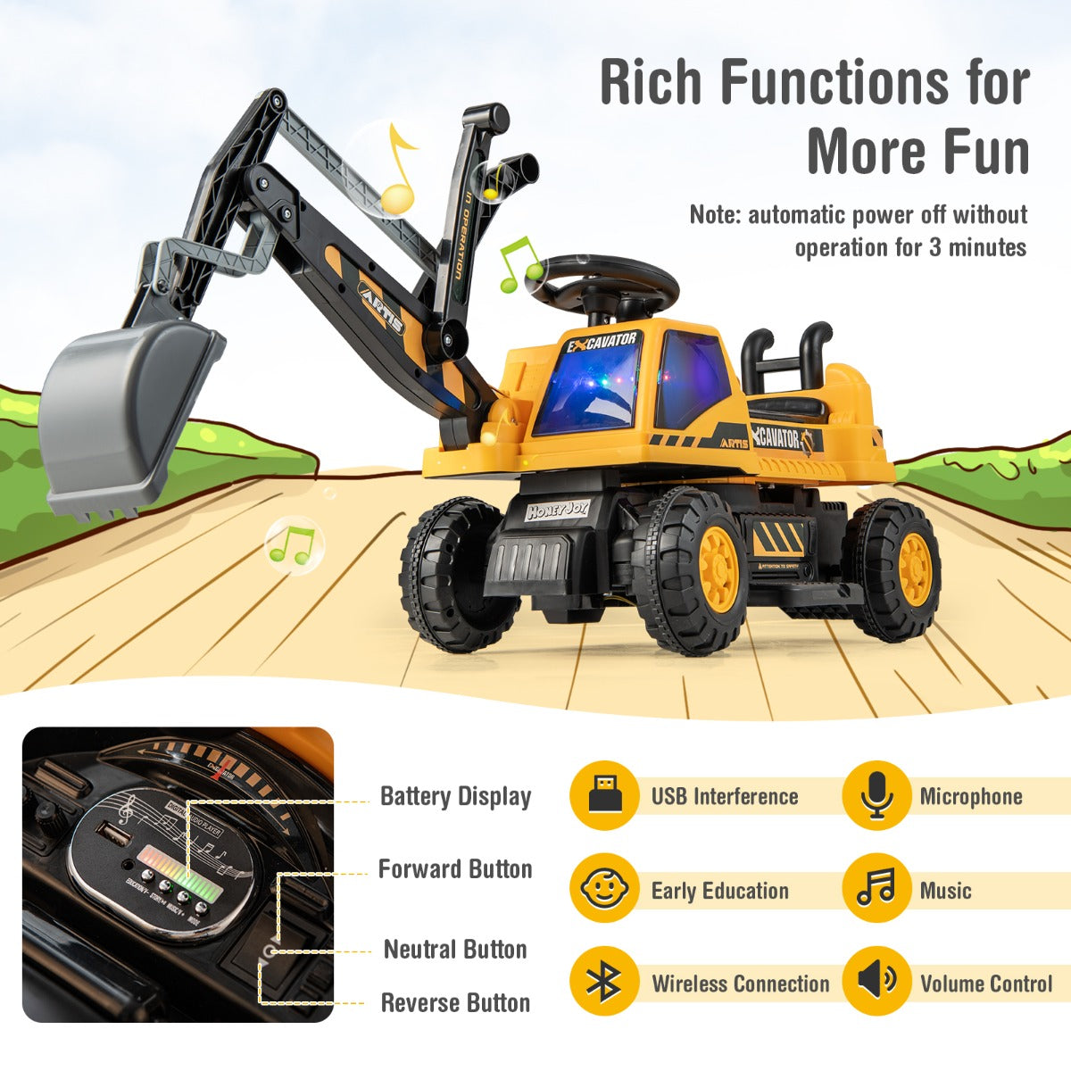 Yellow Ride On Excavator | LED Lights Music & 30° Rotation