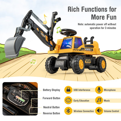 Yellow Ride On Excavator | LED Lights Music & 30° Rotation