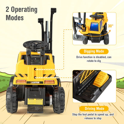 Yellow Ride On Excavator | LED Lights Music & 30° Rotation