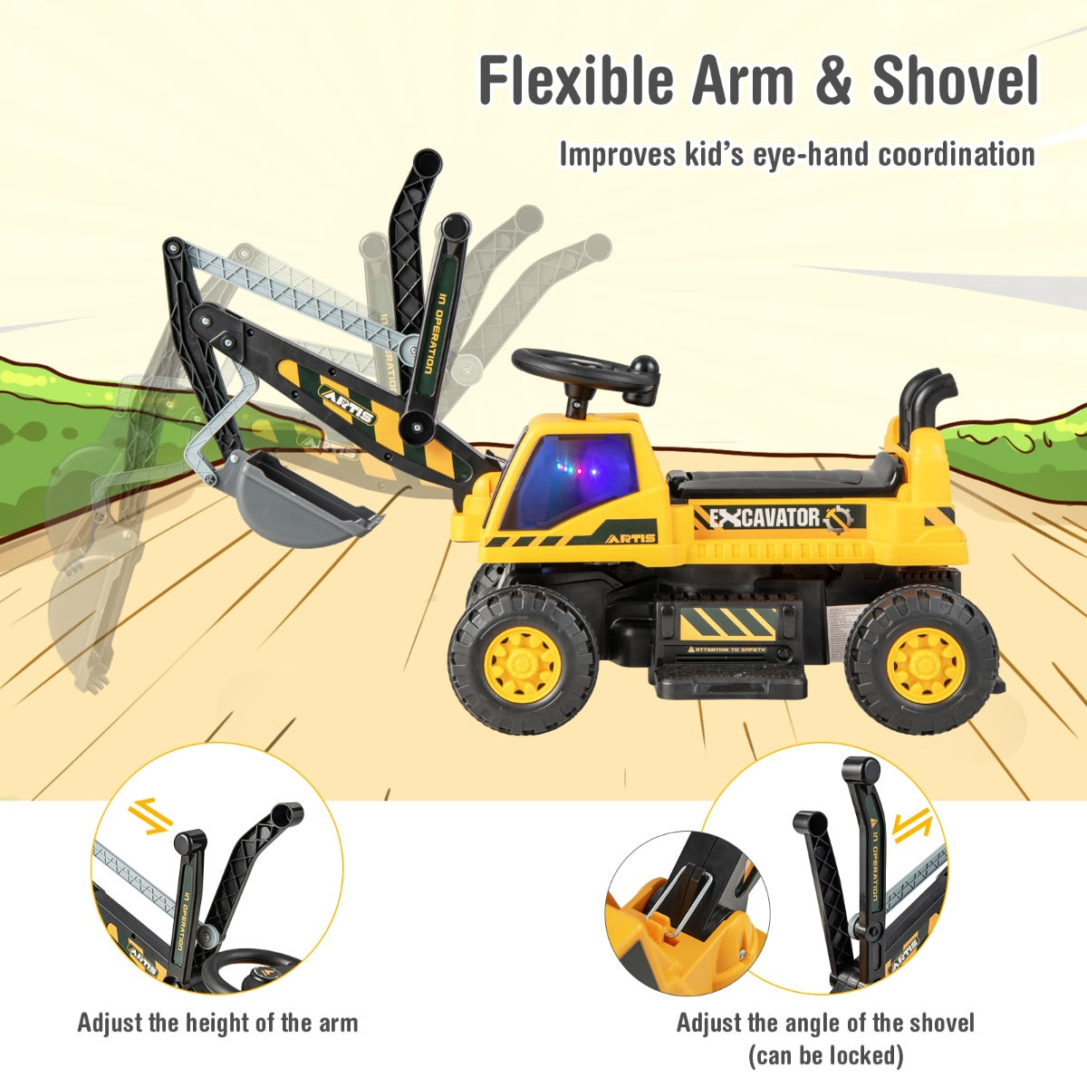 Yellow Ride On Excavator | LED Lights Music & 30° Rotation