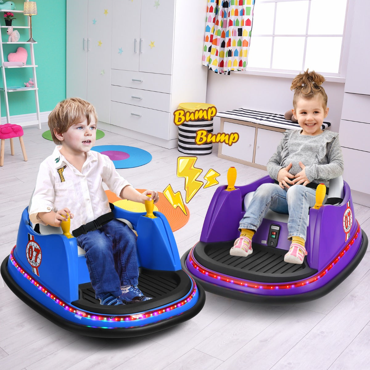 Navy blue 12V ride-on bumper car with remote control offers thrilling, safe fun for children at home
