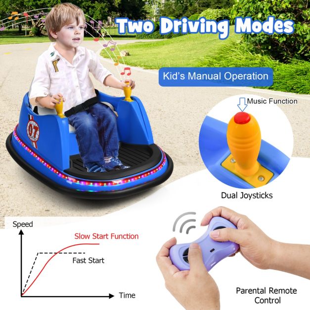 Navy blue 12V ride-on bumper car with remote control offers thrilling, safe fun for young drivers