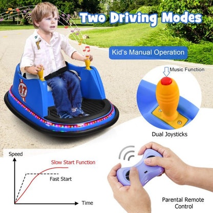 Navy blue 12V ride-on bumper car with remote control offers thrilling, safe fun for young drivers