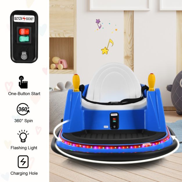 Navy blue 12V electric bumper car for kids features remote control operation and exciting ride-on fun
