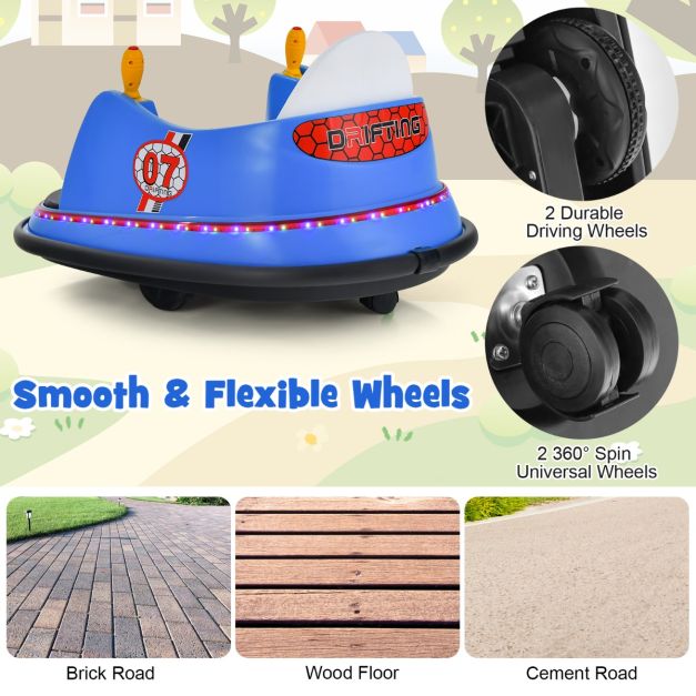 Navy blue 12V electric bumper car for kids features remote control operation and fun ride-on design