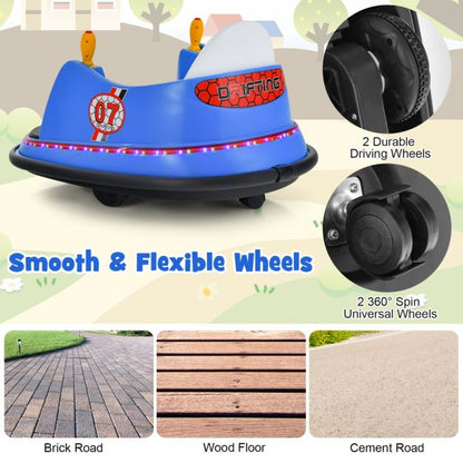 Navy blue 12V electric bumper car for kids features remote control operation and fun ride-on design