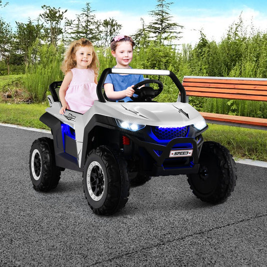 Kids 2-seater UTV ride-on car with remote control and music, ideal for home entertainment.