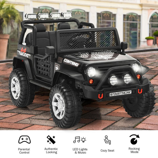 Electric ride-on car for kids with remote control and spring suspension, perfect for home fun.