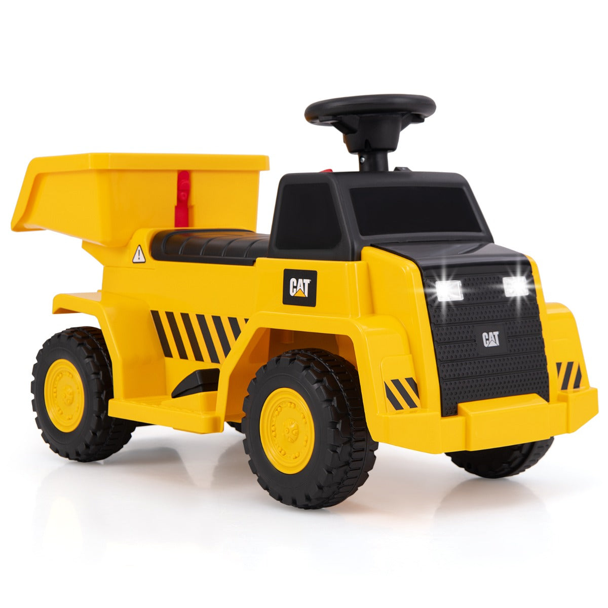 Bright yellow caterpillar dump truck toy for kids, with lights, horn, and ride-on functionality.