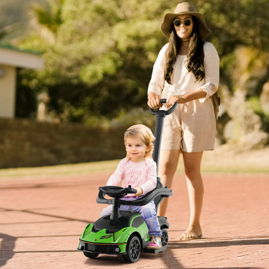 Green Lamborghini push car ride-on for toddlers ages 12-36 months, convenient and fun.