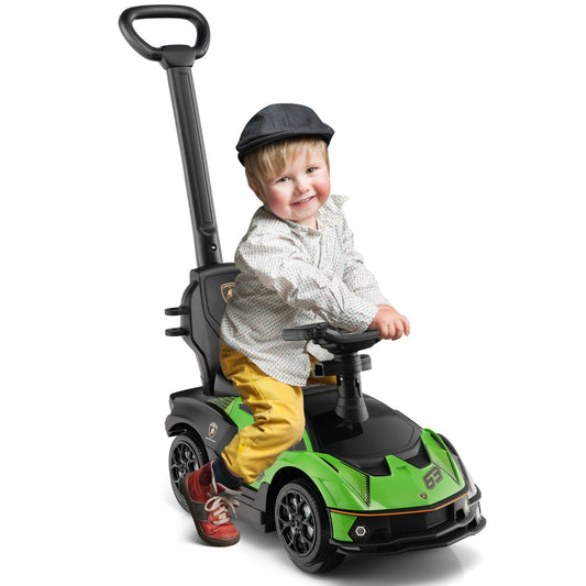 Licensed Lamborghini push car ride-on for toddlers, ages 12-36 months in vibrant green color.