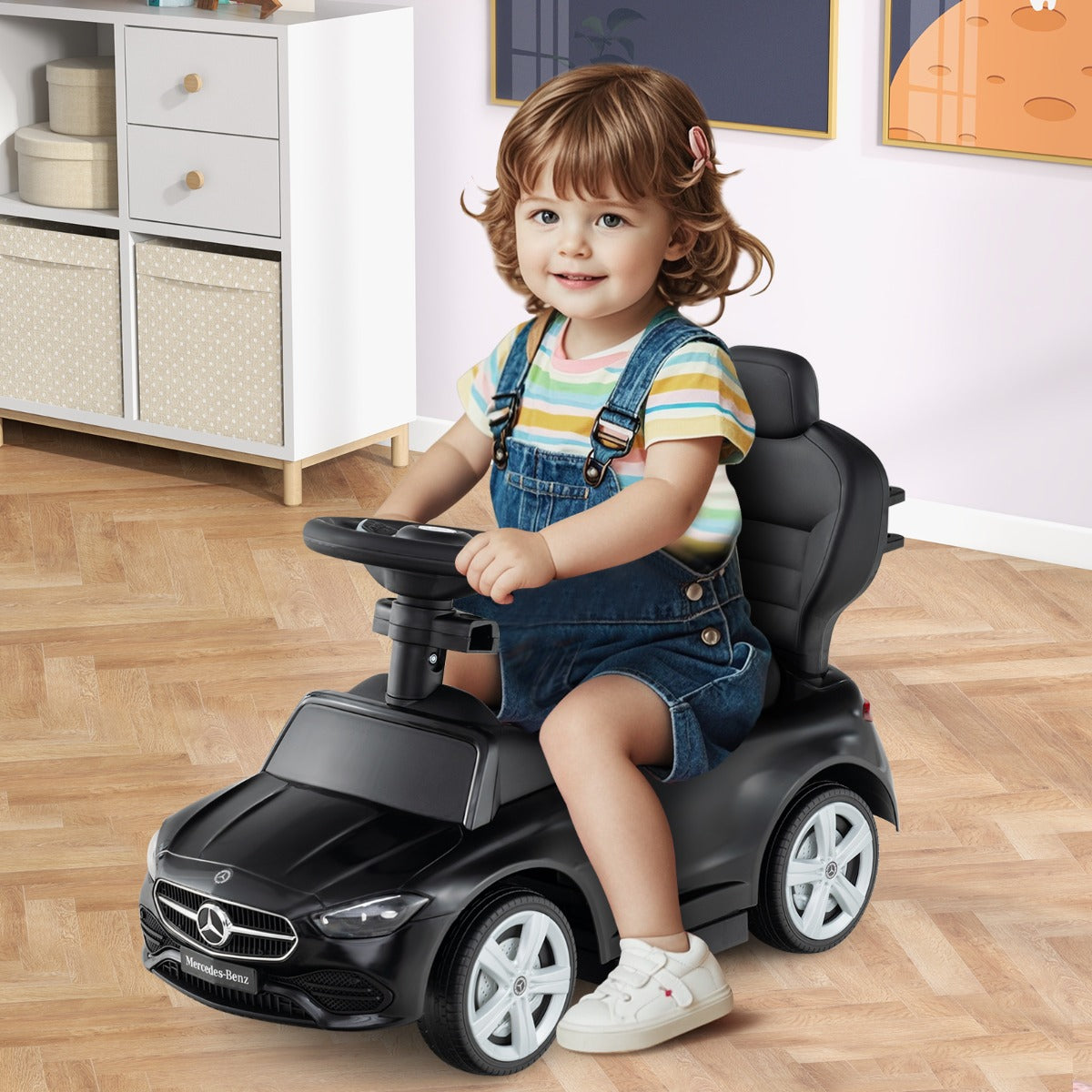 Costway 3-in-1 Ride on Push Car with Adjustable Canopy and Steering Push Bar-Black