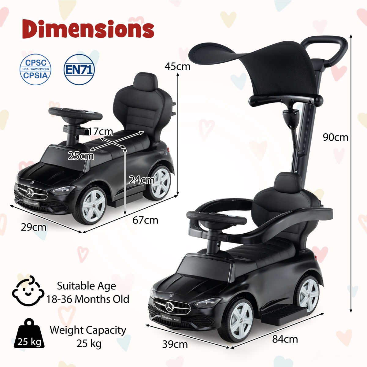 3 In 1 Ride On Push Car | Black Convertible Mercedes-Benz Style