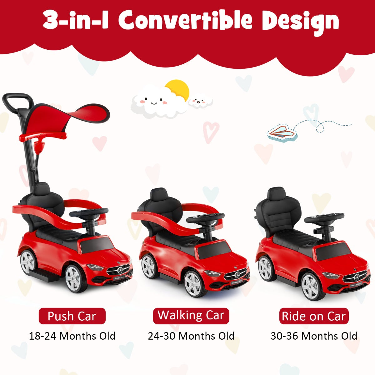 3 In 1 Ride On Push Car | Red Mercedes-Benz with Canopy
