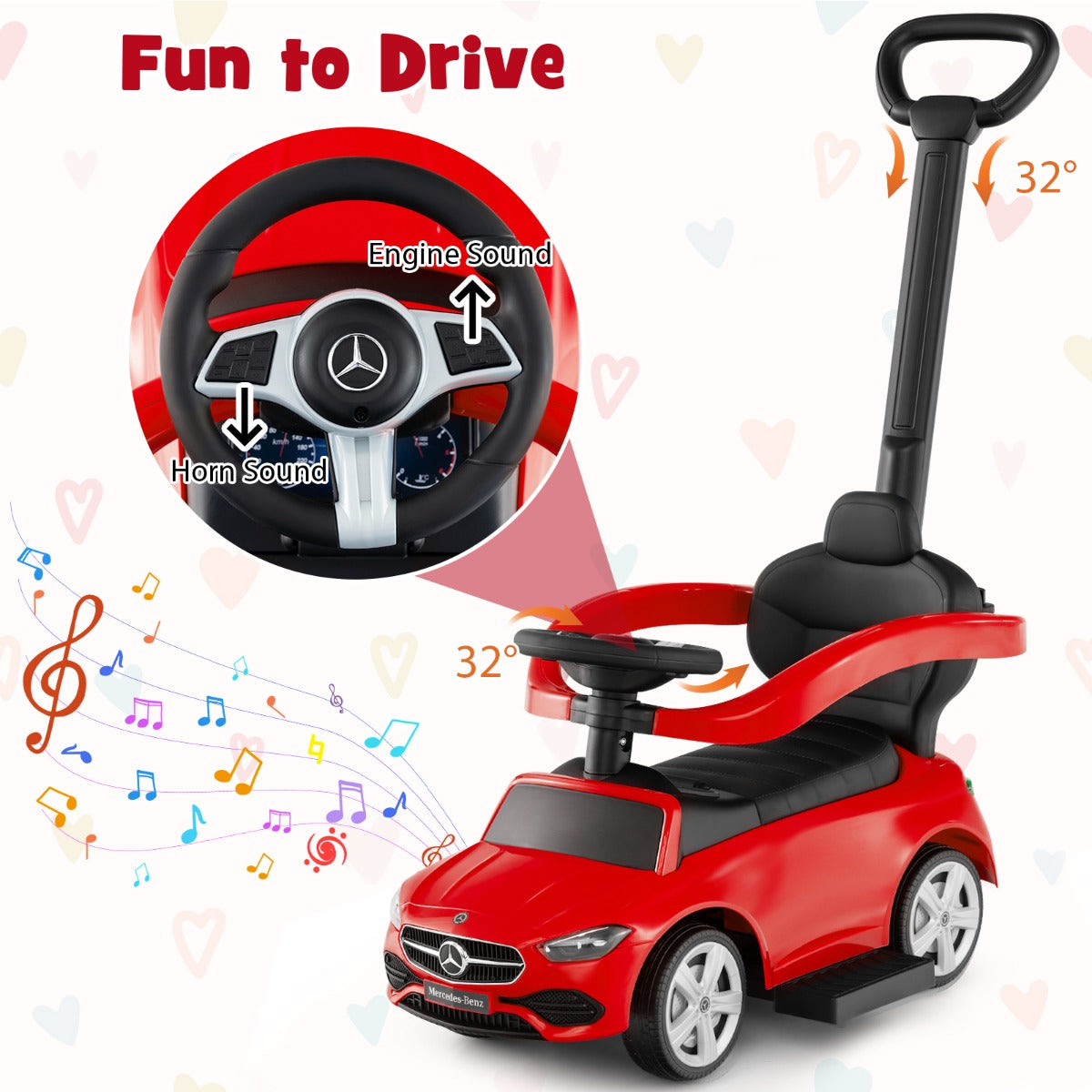 3 In 1 Ride On Push Car | Red Mercedes-Benz with Canopy