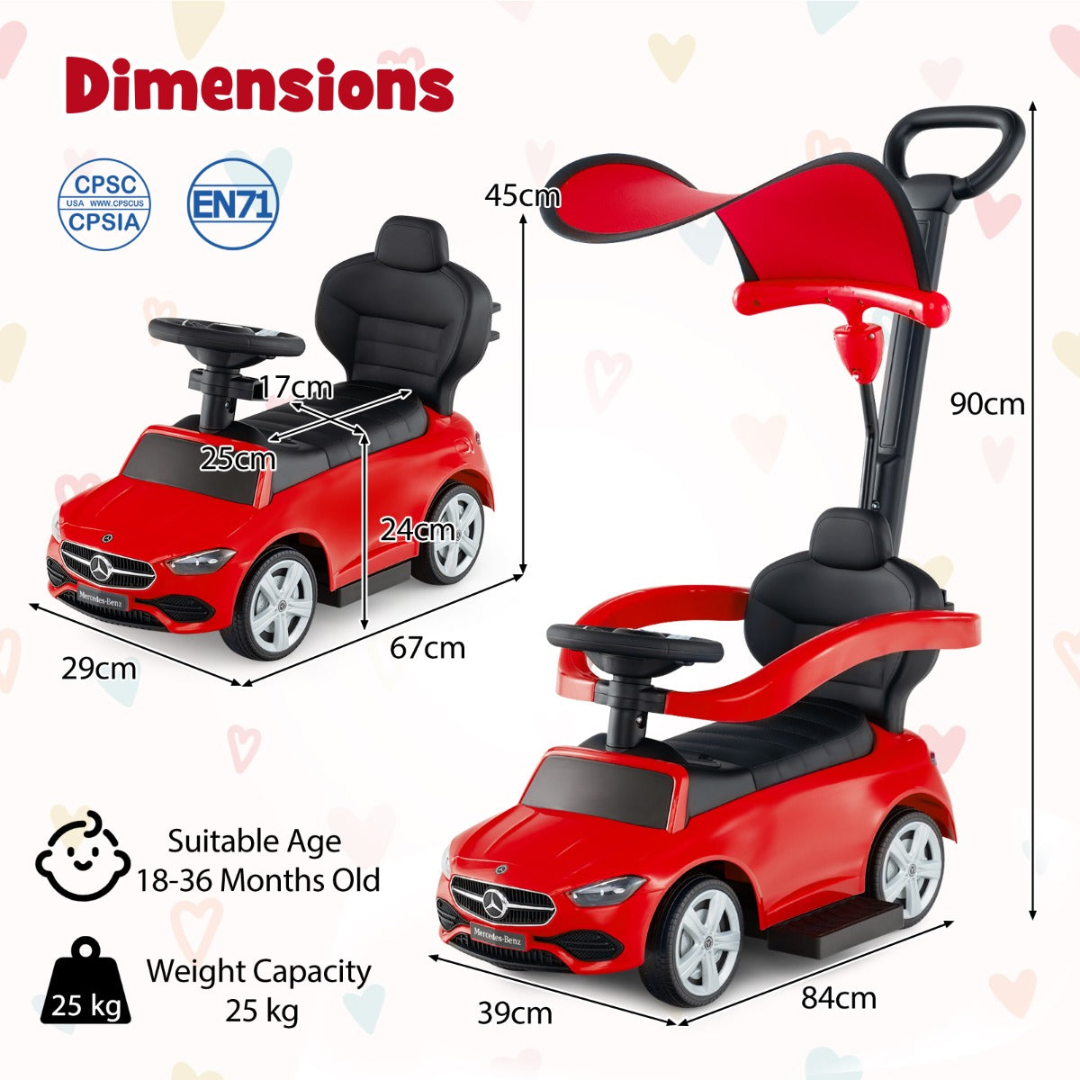 3 In 1 Ride On Push Car | Red Mercedes-Benz with Canopy