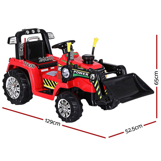 Red 6V remote-controlled bulldozer ride-on car for kids interactive indoor playtime.