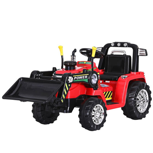 Red 6V electric Bulldozer Digger Loader ride-on car for kids with remote control option.