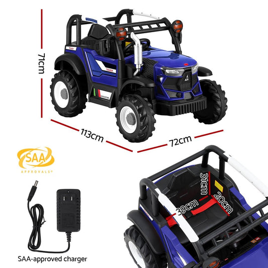 Blue 12V off-road electric ride-on car with remote control for childrens thrilling playtime.