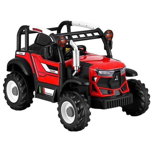 Red 12V electric off-road jeep ride-on car for kids with remote control.