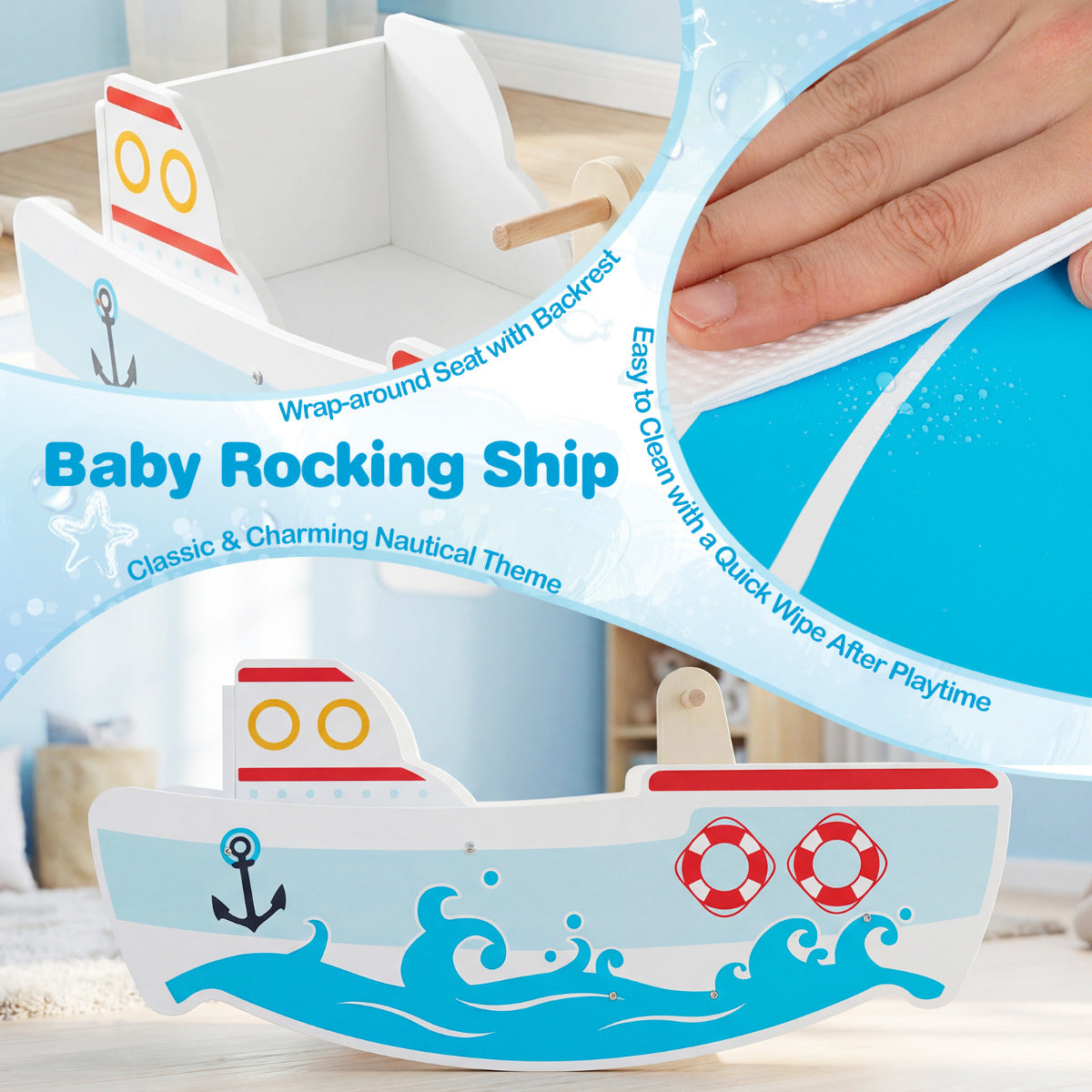 Multi-Color Wooden Rocking Ship | Nautical Toddler Boat 1-5 Years