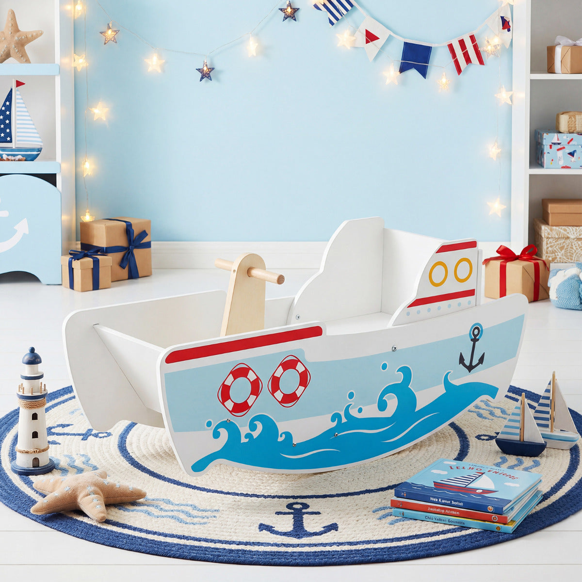 Multi-Color Wooden Rocking Ship | Nautical Toddler Boat 1-5 Years