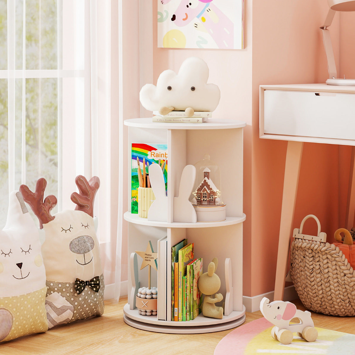 Rotating Bookshelf Cute 2-tier Kids Bookcase with Bunny Baffles-White
