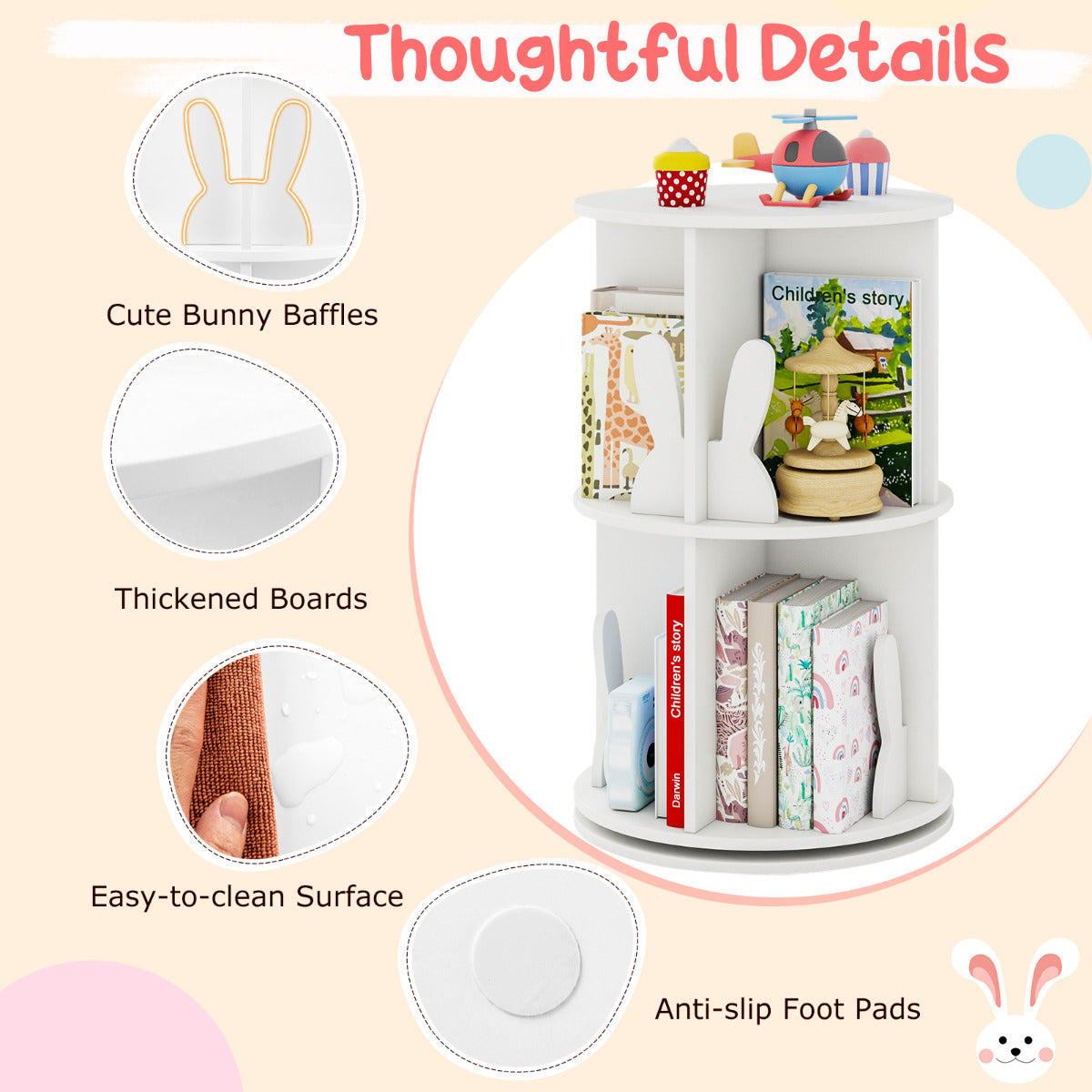 White 360° Rotating Kids Bookshelf | 2 Tier with Bunny Ends