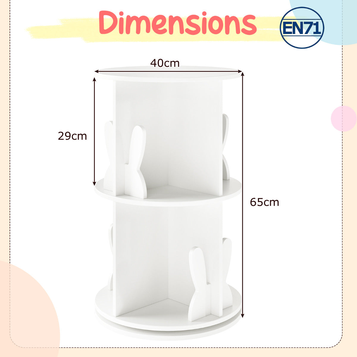 White 360° Rotating Kids Bookshelf | 2 Tier with Bunny Ends